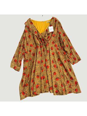 Glamorous Women's 28 Curve Yellow & Red Floral Leopard Print Long- Dress P0019